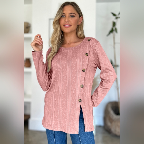 Slit Round Neck Long Sleeve Button T-Shirt - Picture 3 of 5